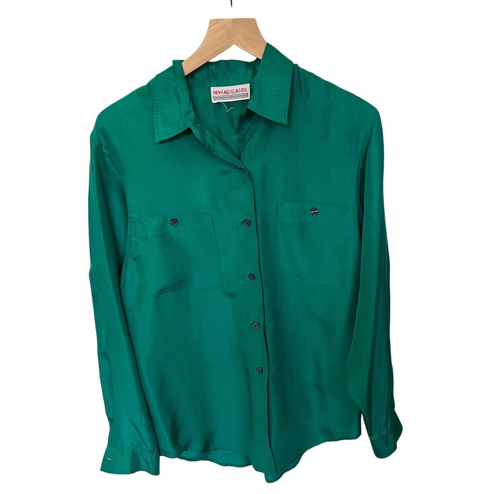 Vintage Emerald Green 100% Silk  Blouse M Long Sleeve Vintage